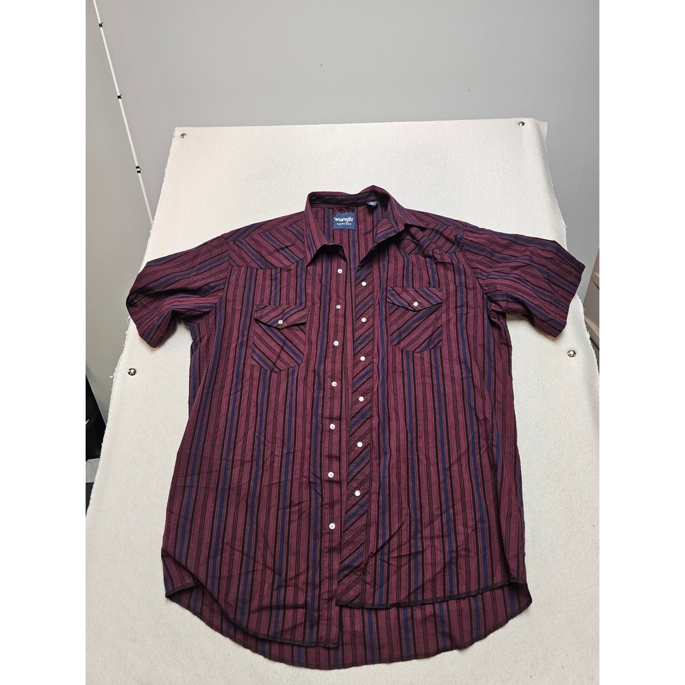 Wrangler Western Shirt Mens 17.5 Tall Burgundy Navy Striped Pearl Snap Short Slv